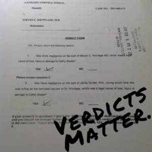 Personal injury case verdict with "Verdicts Matter" written on it; 