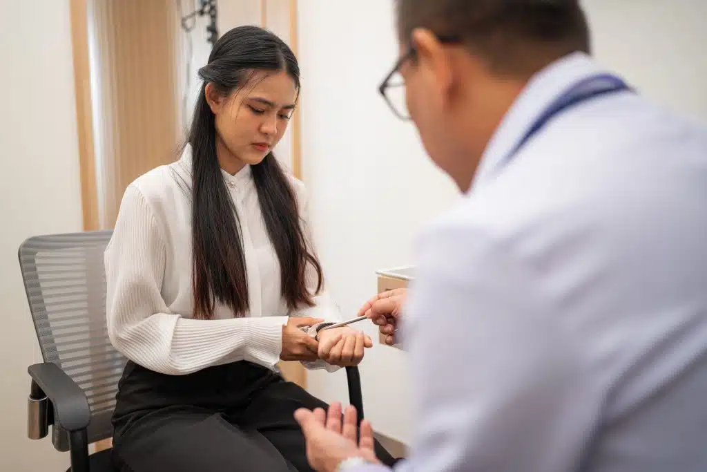 Primary care doctor examining patient's wrist