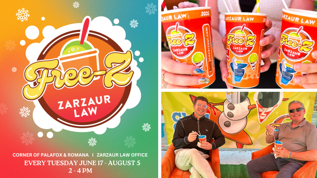 Zarzaur Law's Free-Z Tuesdays at our office at the corner of Palafox and Romana in downtown Pensacola - 100 Palafox Pl, Pensacola, FL 32502 - every Tuesday from June 17 to August 5, 2 to 4 pm